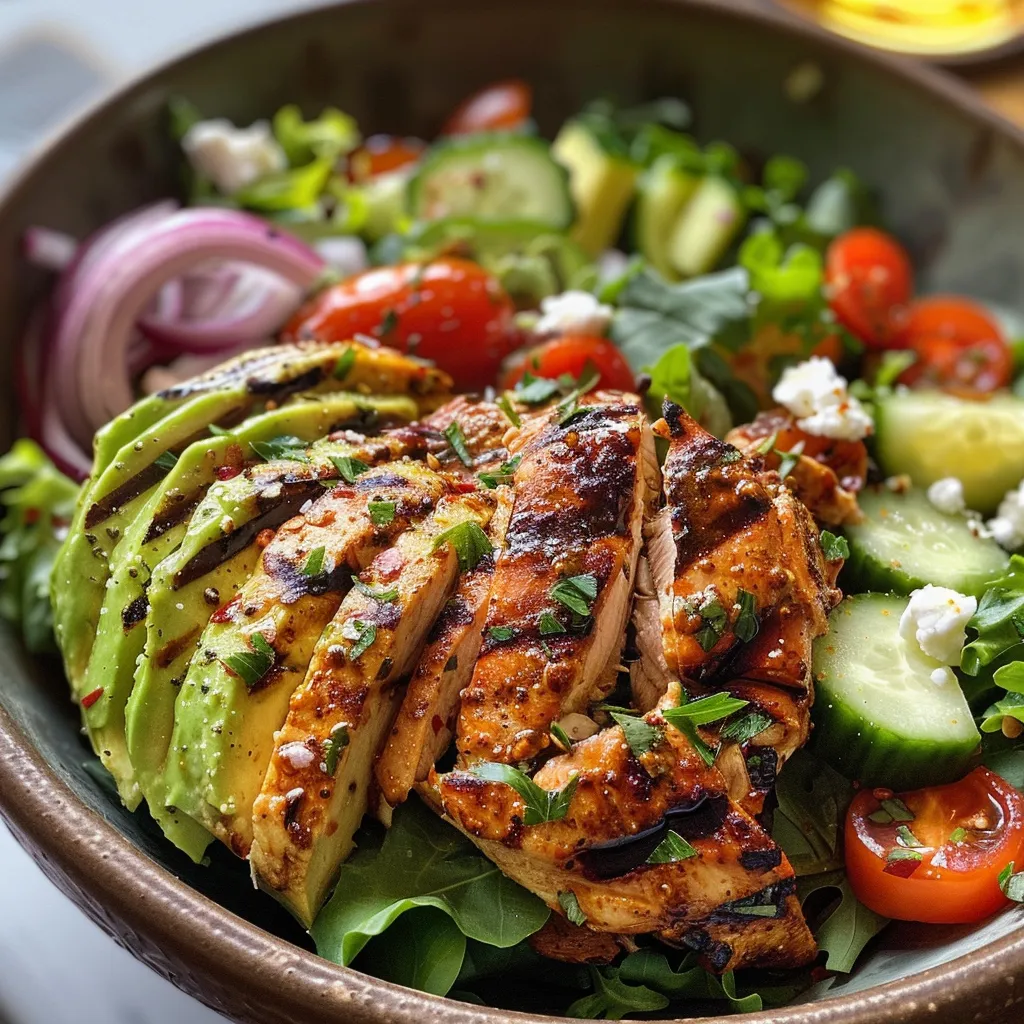 Side view of a delicious salad featuring grilled chicken, avocado, and fresh greens.