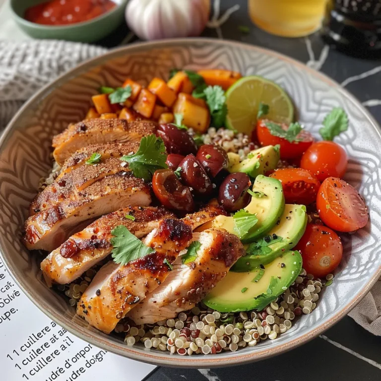 The Grilled Chicken Quinoa Bowl That Whispers Comfort and Community A side view of a quinoa bowl featuring grilled chicken, avocado, and vibrant vegetables.