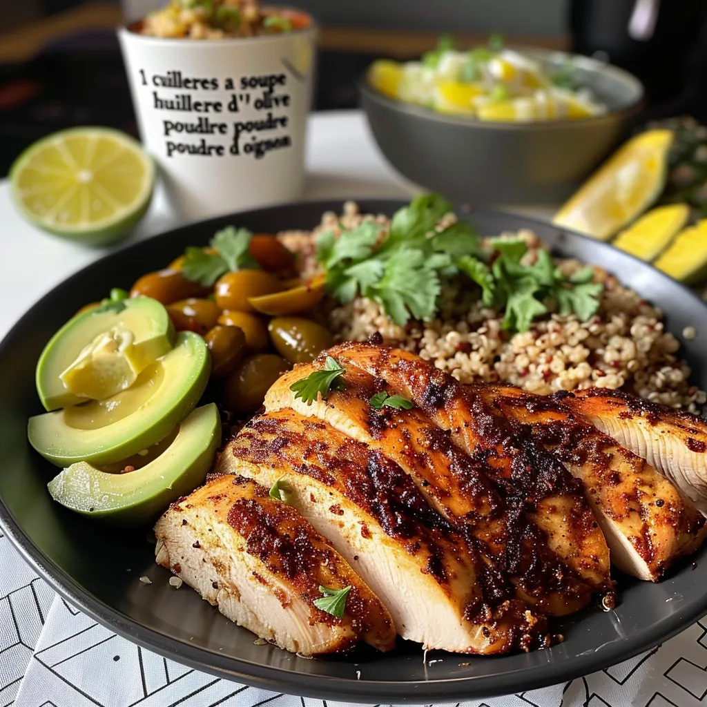 Close-up of a colorful bowl filled with quinoa, grilled chicken, and creamy avocado sauce.