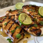 Close-up view of grilled Spicy Honey Lime Chicken on a plate with lime wedges.