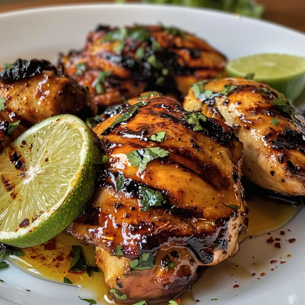 Juicy grilled chicken thighs drizzled with honey and lime glaze, garnished with cilantro.