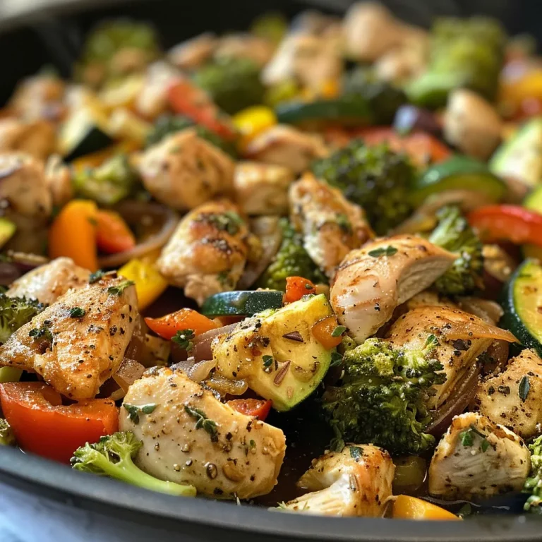 Close-up of a colorful chicken and vegetable skillet with vibrant broccoli, bell peppers, and zucchini.