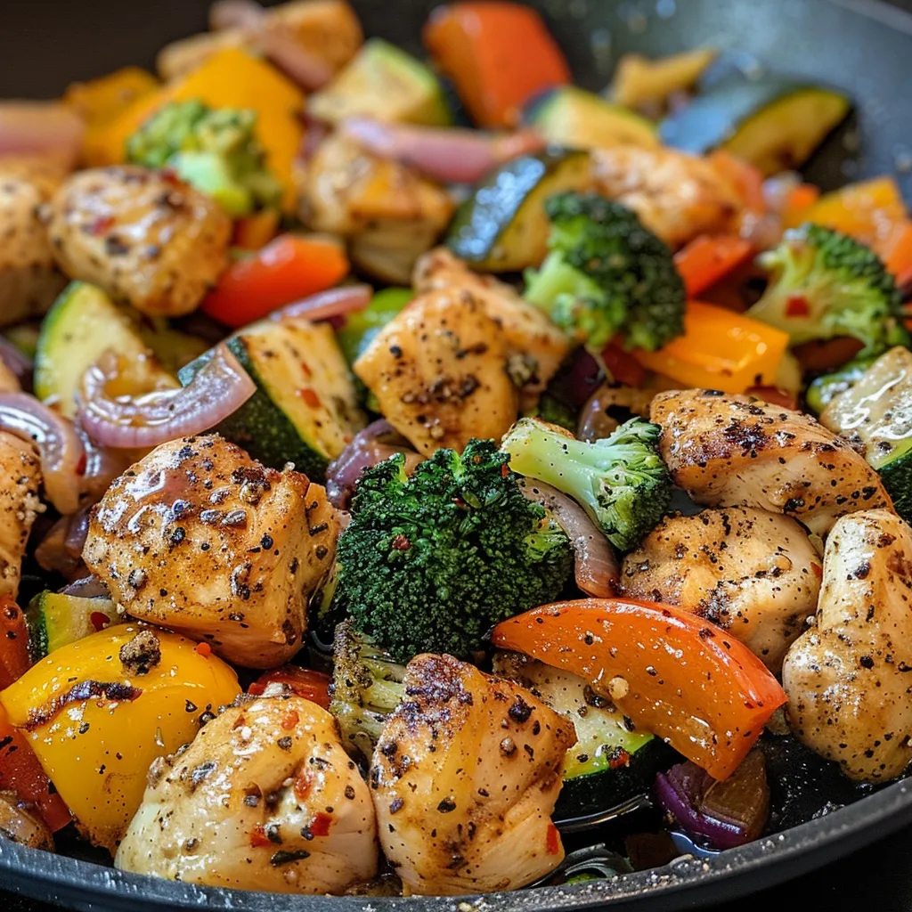 Juicy chicken pieces surrounded by assorted vegetables cooked in a skillet, showcasing a healthy meal.