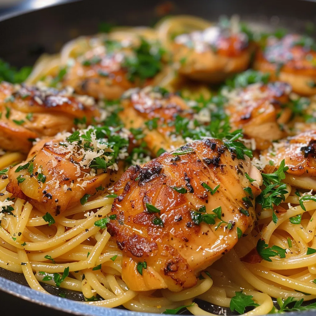 Side view of a vibrant plate of garlic butter chicken pasta topped with grated parmesan.