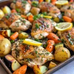 Close-up view of juicy lemon herb chicken on a sheet pan with colorful vegetables.