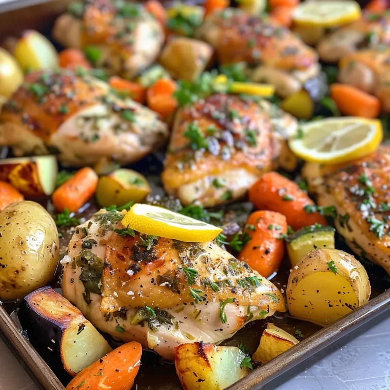 Close-up view of juicy lemon herb chicken on a sheet pan with colorful vegetables.