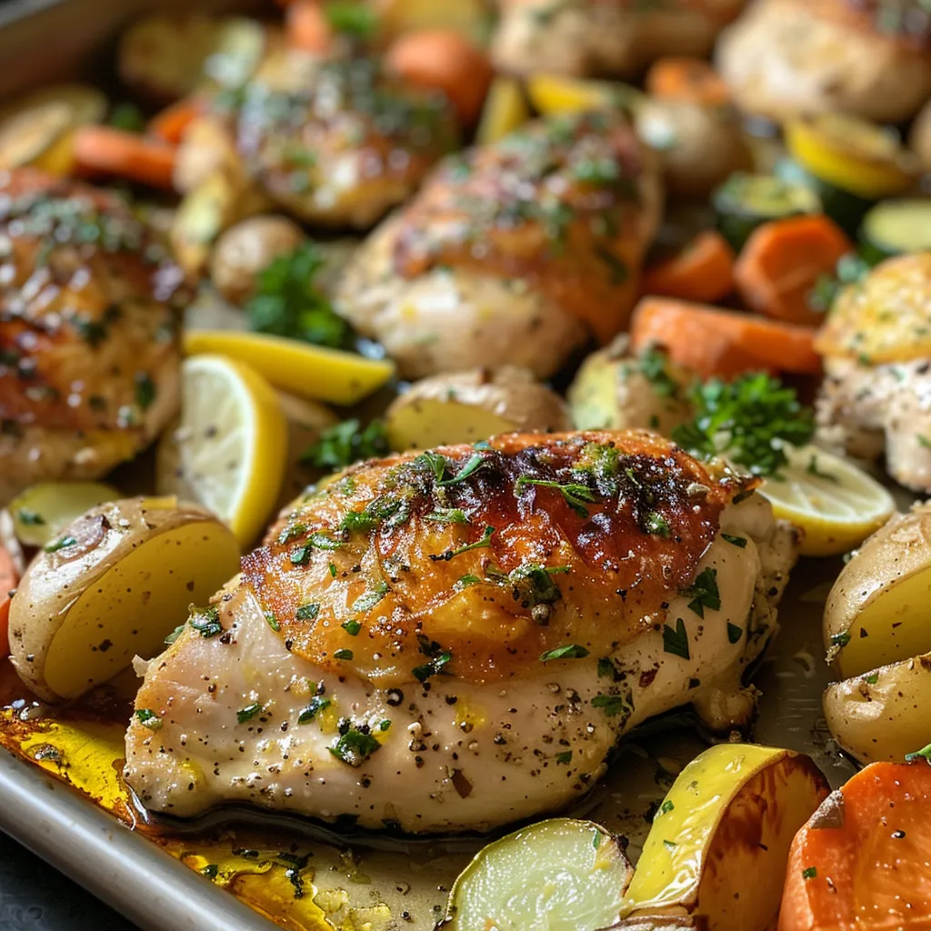 Side angle of baked chicken thighs with golden potatoes, carrots, and zucchini garnished with parsley.
