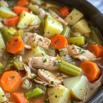 A close-up side view of a bowl of Hearty Chicken Veggie Soup with colorful vegetables visible.
