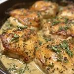Close-up of juicy chicken breast drizzled with creamy garlic sauce and garnished with herbs.