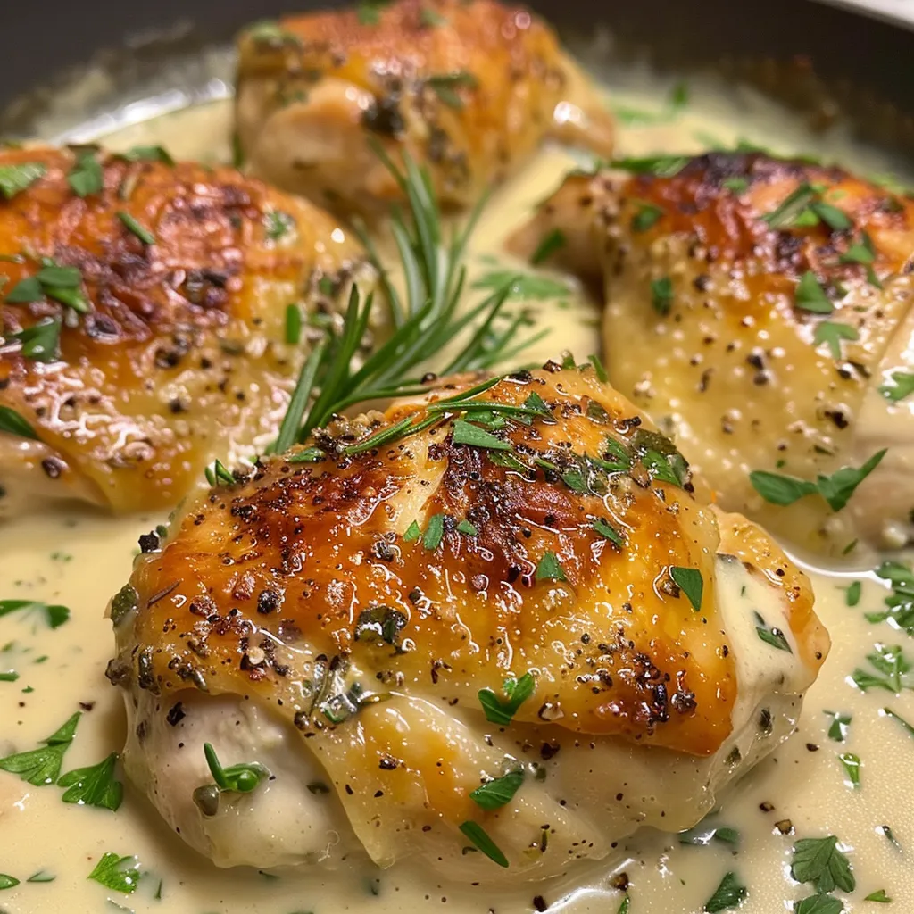 Tender herb-infused chicken breast in a rich garlic sauce, showcasing fresh rosemary and parsley.