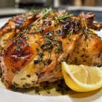 Close-up view of a succulent herb roasted chicken breast garnished with herbs.