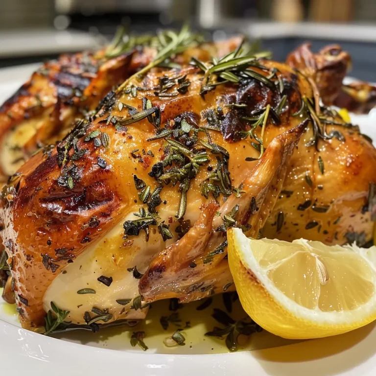 Close-up view of a succulent herb roasted chicken breast garnished with herbs.