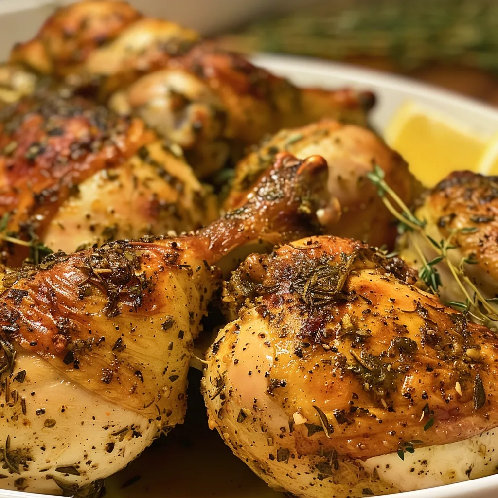 Juicy herb roasted chicken breast with golden-brown skin and lemon wedges.