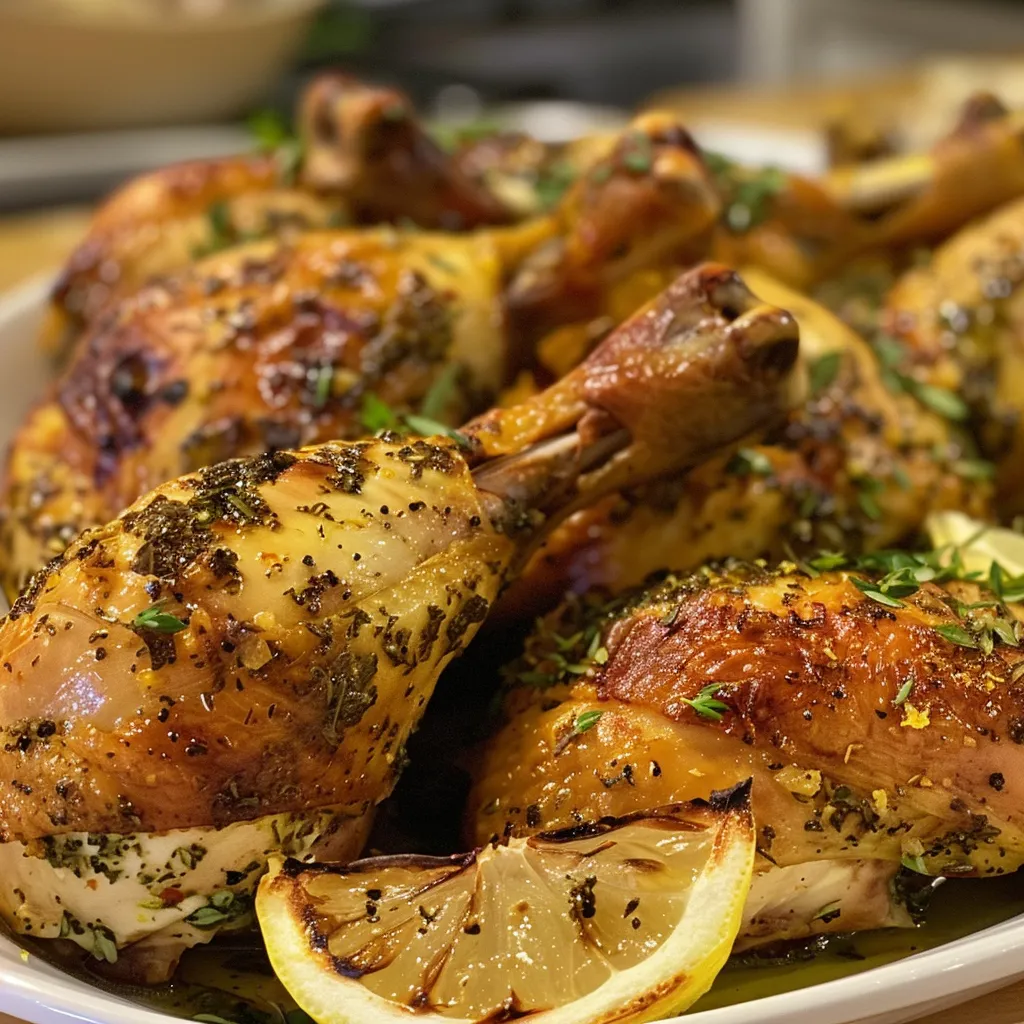 Juicy herb-roasted chicken breast with golden-brown skin and lemon wedges.