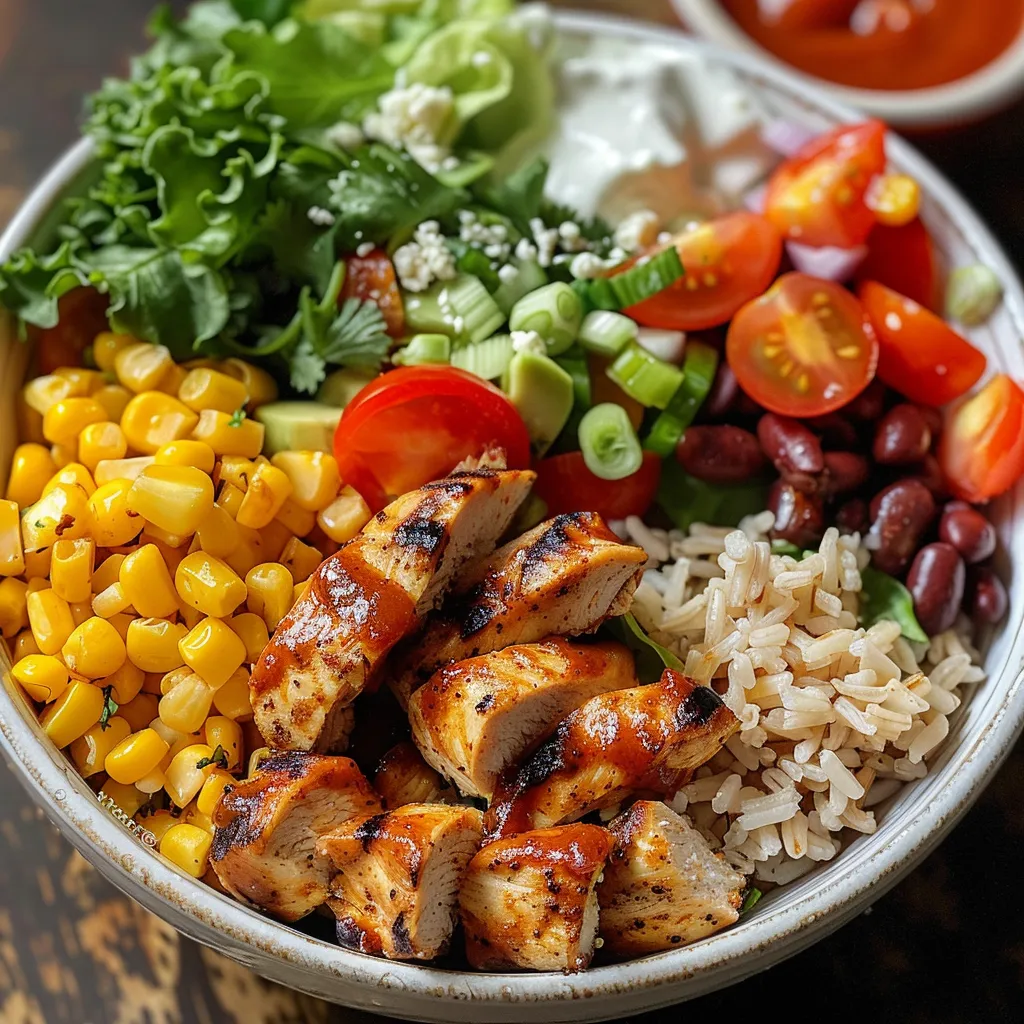 Side-angle photo of a hearty BBQ ranch chicken bowl featuring chicken, brown rice, corn, and a drizzle of BBQ sauce.