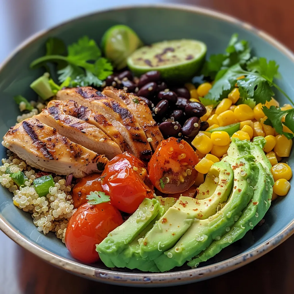 A side view of a healthy power bowl featuring grilled chicken, quinoa, and fresh vegetables.