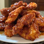 Close-up of golden-brown Honey BBQ Chicken Strips on a plate.