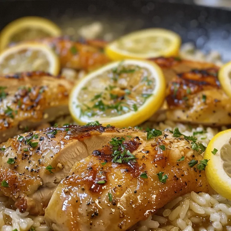 Close-up view of juicy Honey Lemon Chicken garnished with parsley and lemon slices.