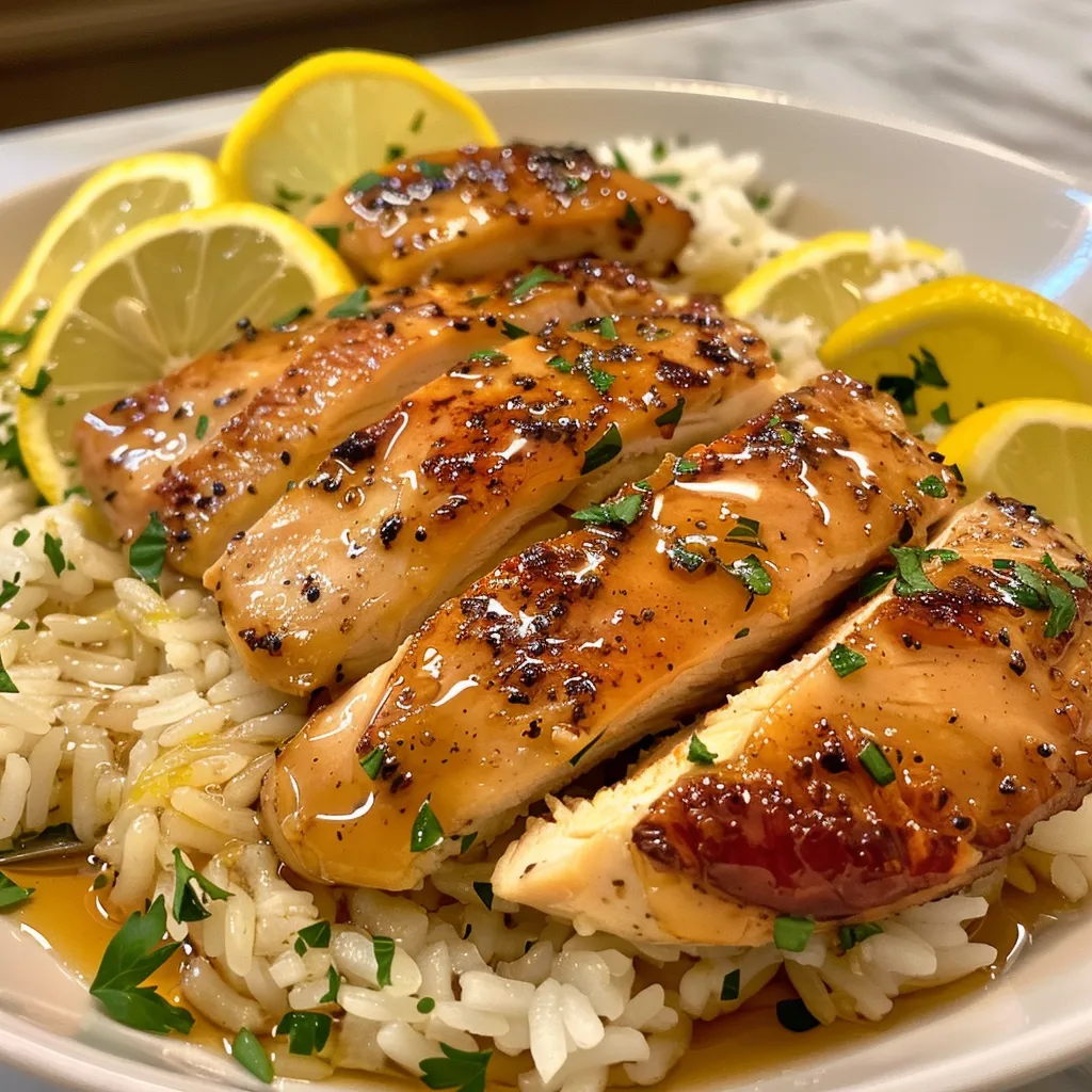 Side angle of Honey Lemon Chicken on a plate, showcasing its glossy sauce and seasoning.