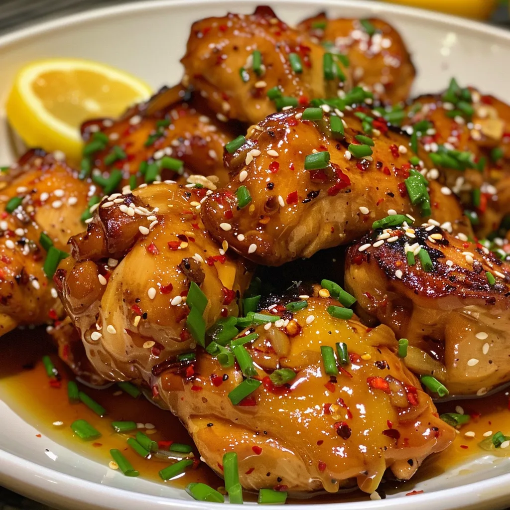 Juicy chicken thighs marinated in honey lemon garlic sauce, served with a colorful garnish.