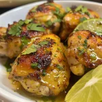 Juicy Honey Lime Chicken garnished with fresh cilantro and lime wedges.