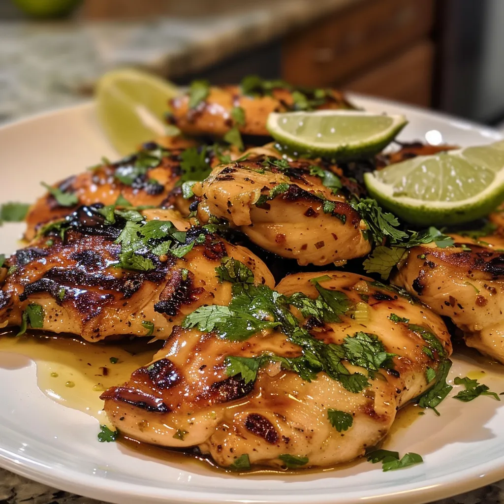 Close-up view of glazed Honey Lime Chicken with vibrant citrus toppings.