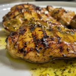 Juicy honey mustard grilled chicken breast drizzled with sauce.