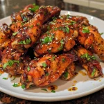 A close-up view of golden-brown Honey Sriracha Chicken Wings coated in a glossy sauce.