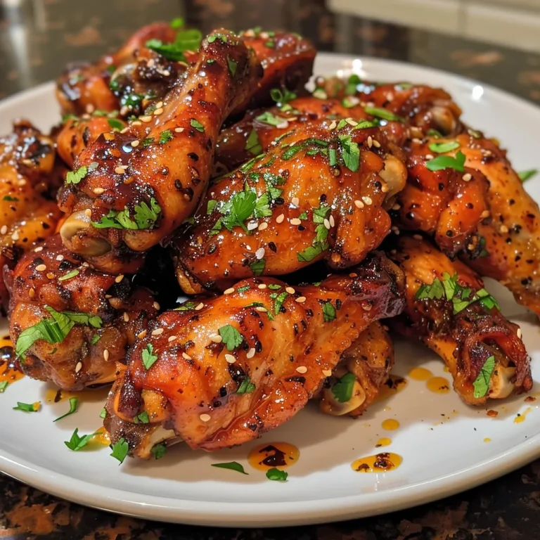 A close-up view of golden-brown Honey Sriracha Chicken Wings coated in a glossy sauce.