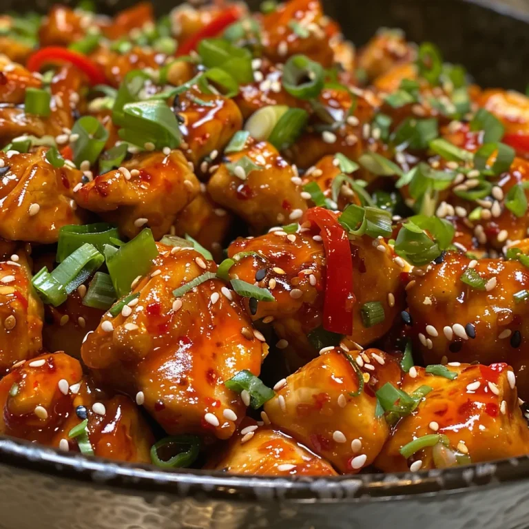 Close-up of juicy Honey Sriracha Chicken garnished with sesame seeds.