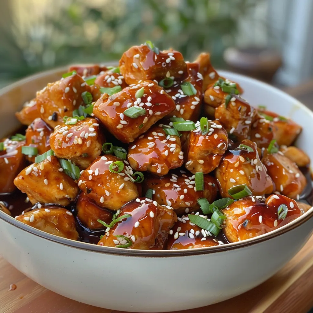 Side view of tender chicken pieces glazed in honey sriracha sauce.
