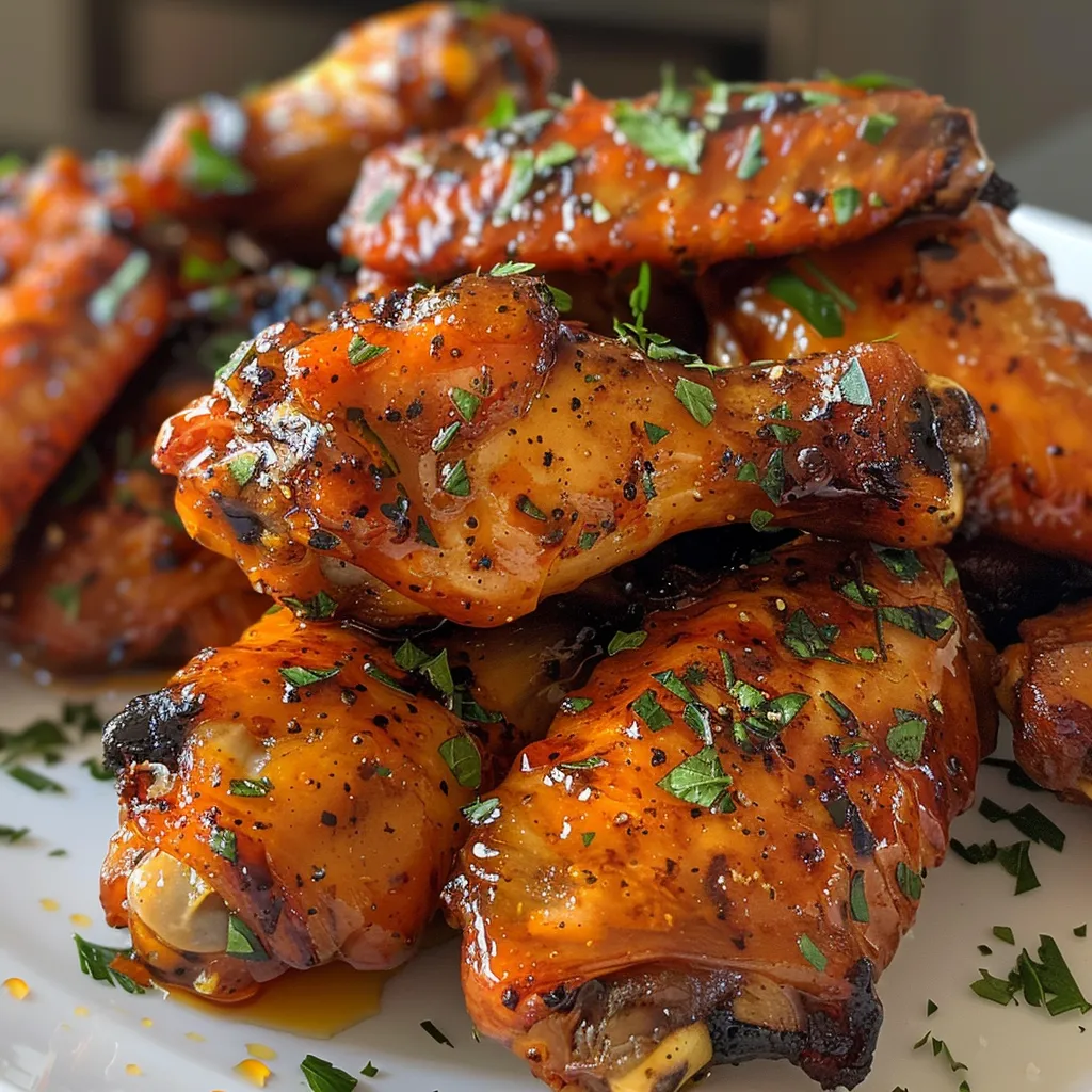 Close-up of crispy chicken wings glazed with hot honey sauce.