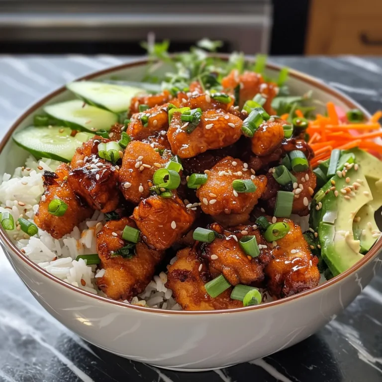 Close-up view of a delicious Hot Honey Chicken Bowl with vibrant vegetables and rice.