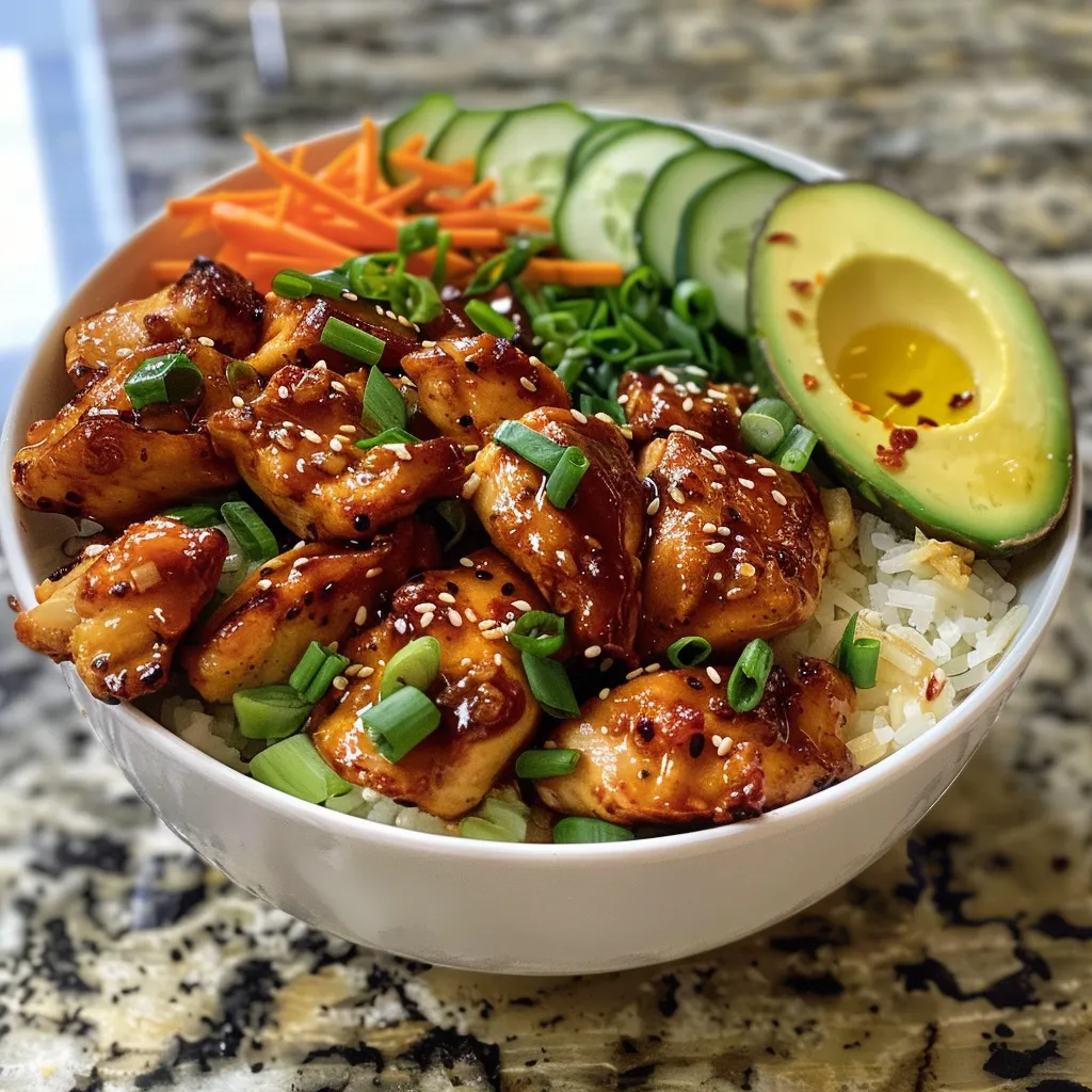 Side angle photo of a bowl filled with juicy chicken, honey glaze, and colorful toppings.