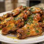 Close-up image of juicy Hot Honey Chicken Wings on a plate.