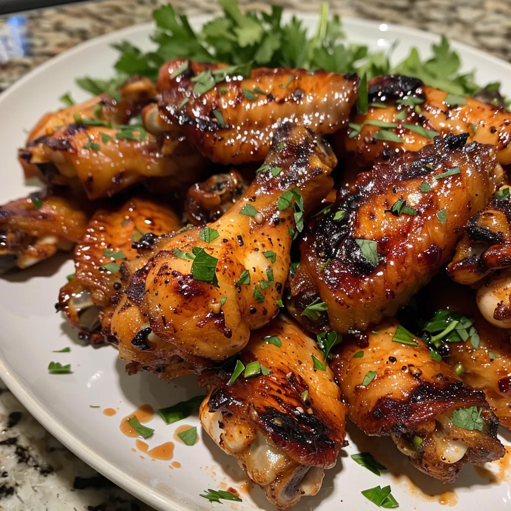 Side view of crispy chicken wings drizzled with hot honey sauce.