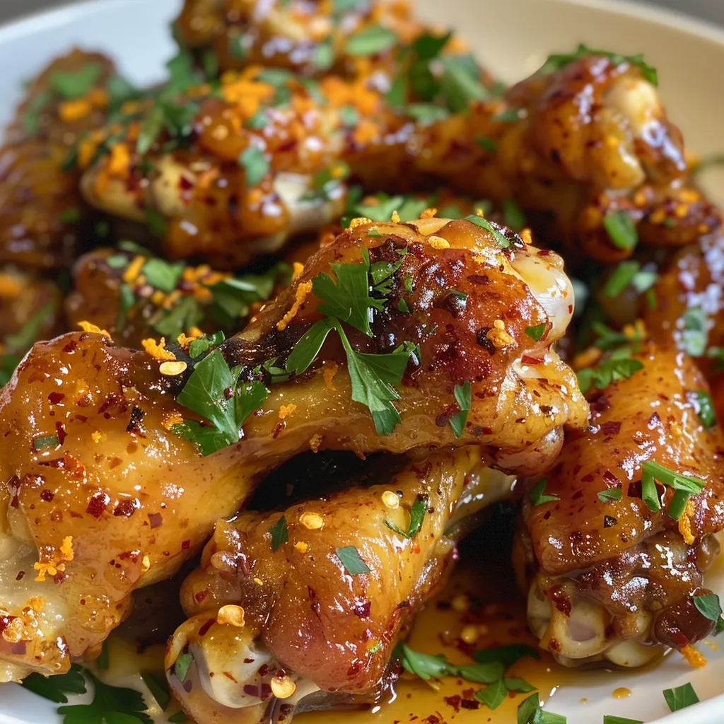 Side view of crispy chicken wings coated in a shiny hot honey and orange juice glaze.