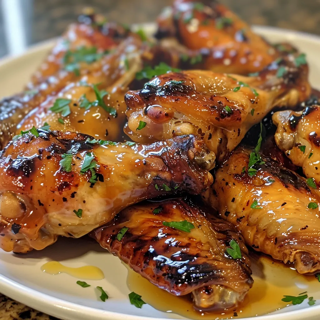 Close-up of golden brown chicken wings drizzled with hot honey and garnished with parsley.