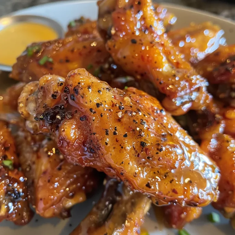 A close-up view of juicy hot honey wings glistening with a sticky glaze.