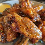 Close-up photograph of golden-brown hot honey wings on a white plate.