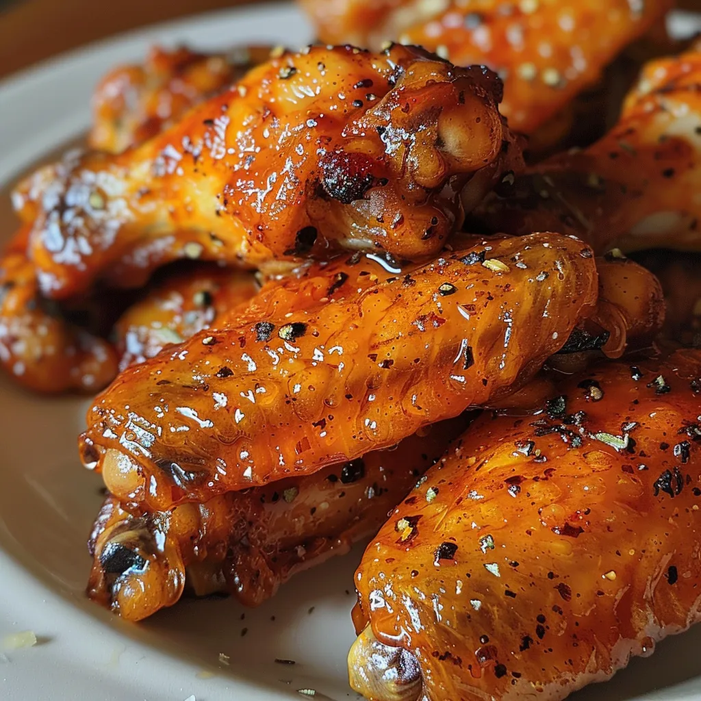 Side view of crispy chicken wings coated in a golden honey sauce with red pepper flakes.