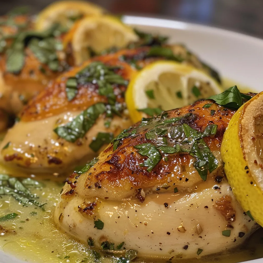 Juicy chicken breast drizzled with creamy lemon basil sauce, set against a simple background.