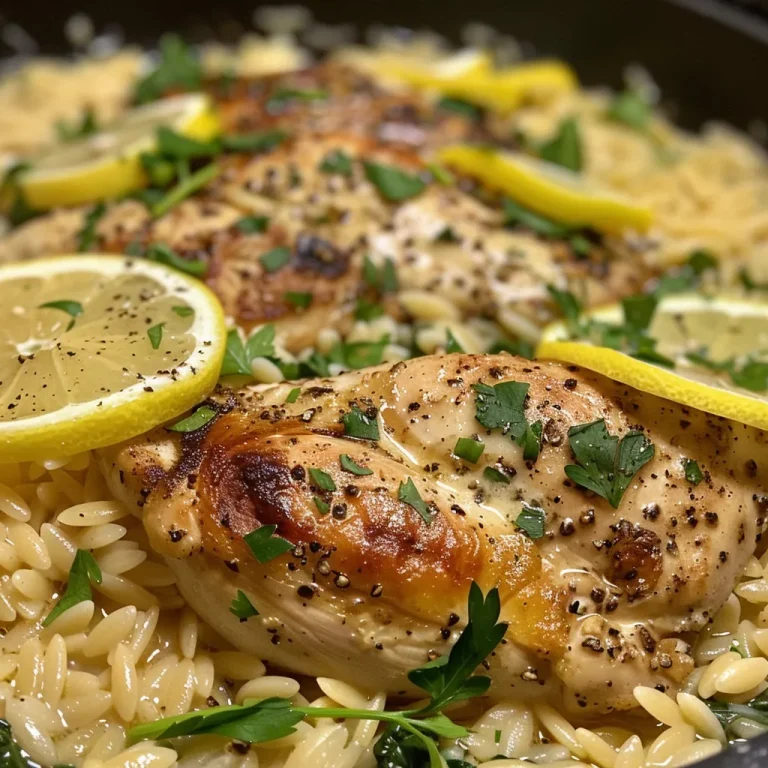Close-up of Lemon Chicken Orzo featuring juicy chicken, orzo pasta, and fresh spinach.