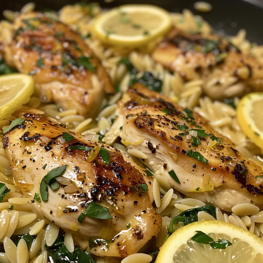 Vibrant dish of Lemon Chicken Orzo with lemon slices and chopped parsley on top.