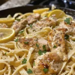 Close-up of a vibrant Lemon Chicken Pasta dish, featuring juicy chicken, pasta, and garnished with parsley.