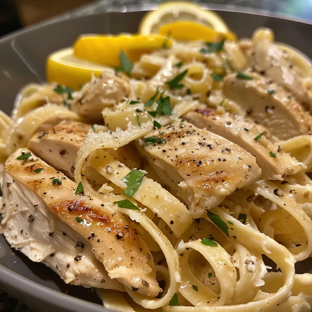 Side view of Lemon Chicken Pasta, showcasing tender chicken pieces and zesty lemon sauce glistening over pasta.