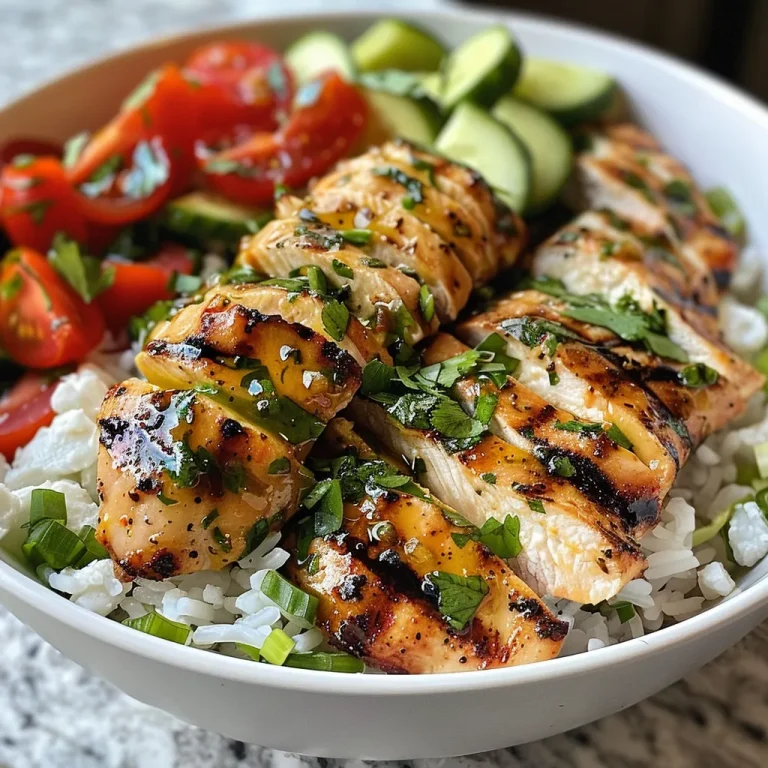 Close-up view of a Lemon Chili Grilled Chicken Bowl with fresh cucumber salad and hummus.