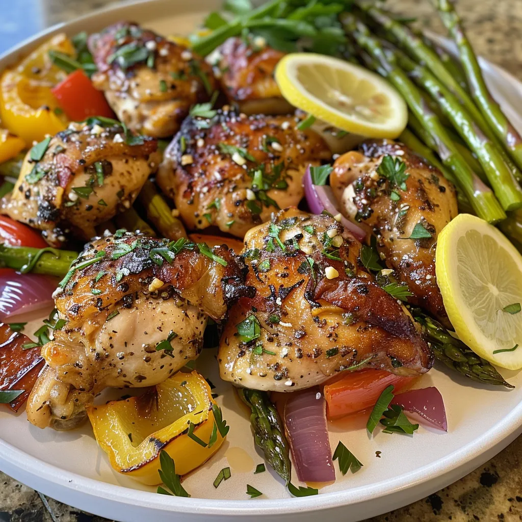 Tasty lemon garlic chicken garnished with parsley and served alongside yogurt sauce.