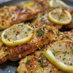 Close-up of juicy lemon garlic parmesan chicken with herbs and cheese.