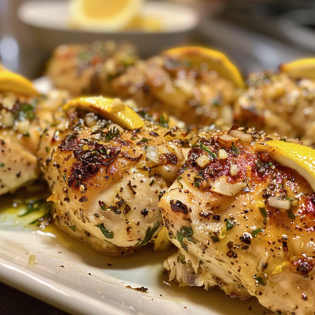 Side view of lemon garlic parmesan chicken garnished with parsley.